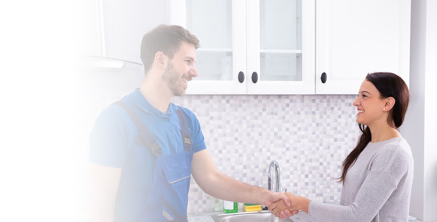 Two people shake hands.