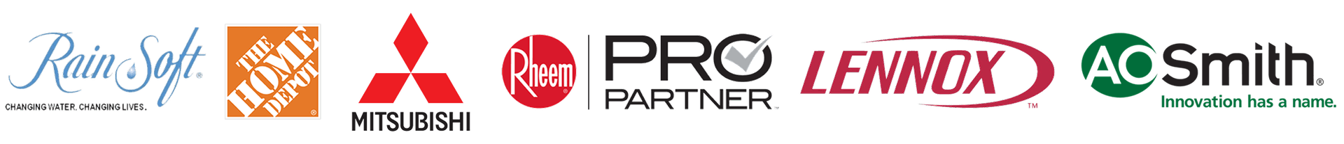 The logos for RainSoft, The Home Depot, Mitsubishi, Rheem, Lennox, and AO Smith.