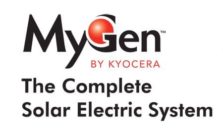 The logo for MyGen by Kyocera the Complete Solar Electric System.